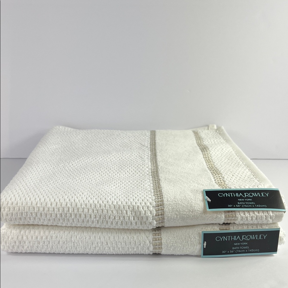 Cynthia Rowley Bath Towels Off White with Tan Stripes Soft Cotton Set of 2 NEW